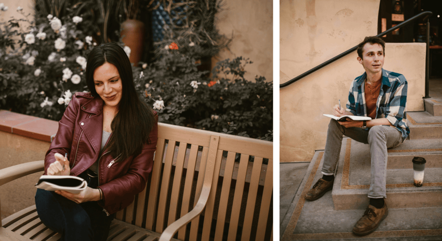 An LDR couple sitting on different benches while writing on their notebooks