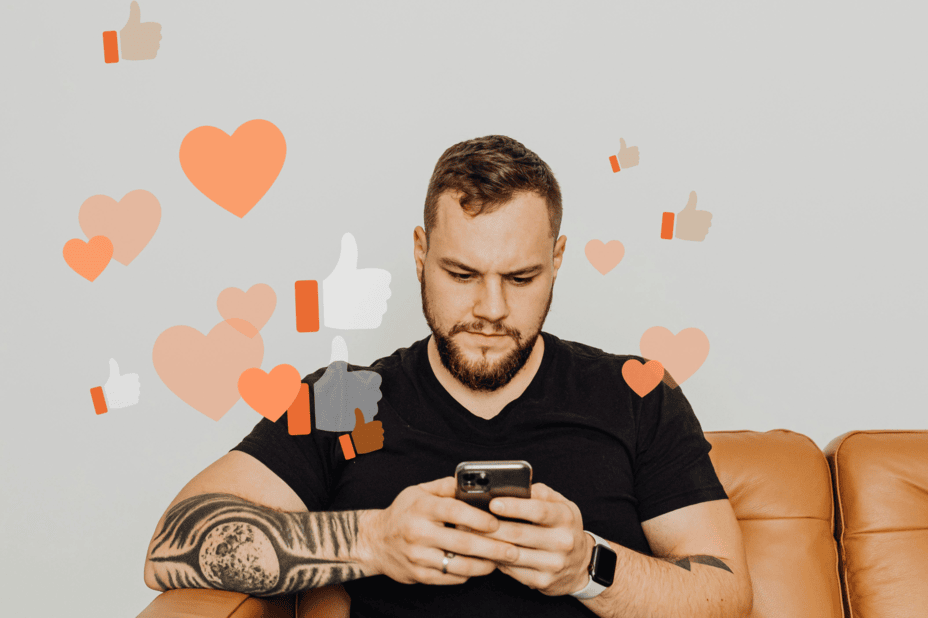 A man using his phone while heart icons and like buttons float around him